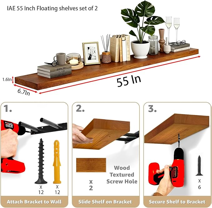 IAE Floating Wall Shelves 55 inch,Bathroom Shelving Wall Mounted,Invisible Shelf Floating Kitchen Shelves,Wooden Wall Shelf w