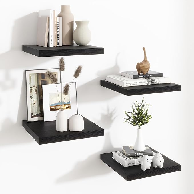 Fun Memories Floating Shelves for Wall - 12 Inch Square Shelves with Invisible Brackets, Black Small Wall Shelf for Living Ro