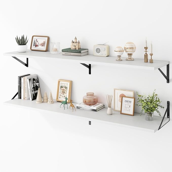 Deep Floating Shelves Wall Mounted, 55"x12" White Wall Shelves with Brackets Set of 2 for Bedroom, Living Room, Bathroom, Kit