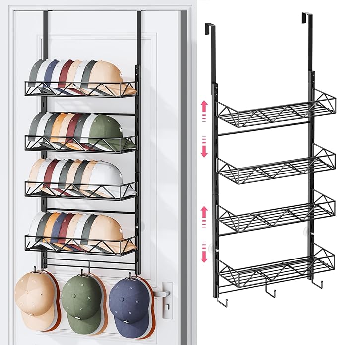 SWTYMIKI Over Door Hat Organizer - 5 Tier Wall Mounted Hat Rack with 4 Adjustable Metal Basket and 3 Hooks, Hanging Baseball 