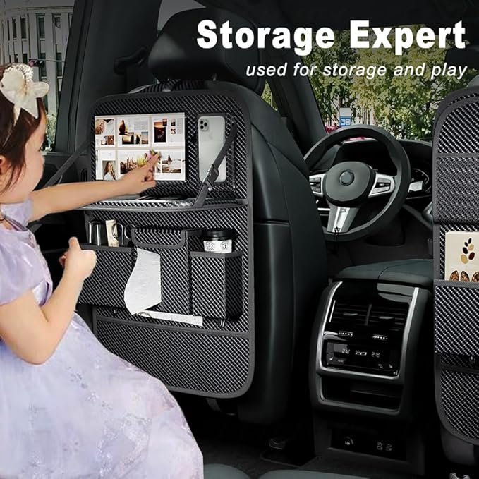 Aiuwo Car Backseat Organizer with Tablet Holder Storage Kick Mat Seat Protector,PU Leather Premium Car SeatBack Organizer r with Foldable Table for Kids Toddlers Travel (Carbon Black, Weave)