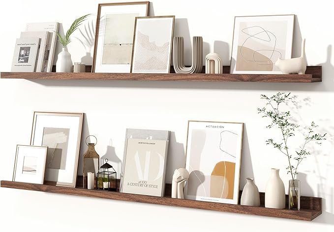 Fun Memories Picture Ledge Shelves Set of 2, 48 Inch Rustic Wall Mounted Floating Shelves with Lip for Home Storage and Décor