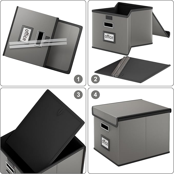 Huolewa Faux Leather File Organizer Box with Lid, Collapsible Hanging File Folder Box Organizer with Plastic Slides, Decorati