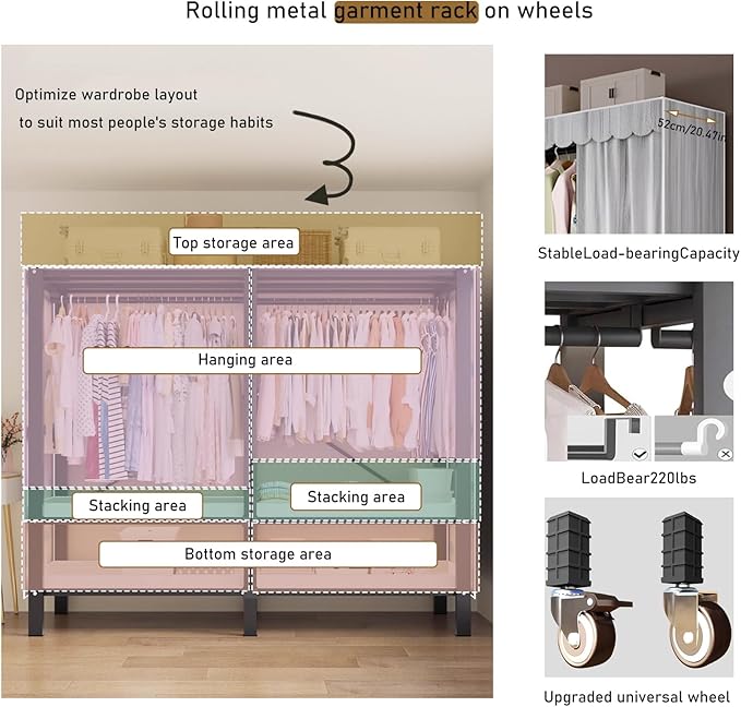 Heavy Duty Portable Wardrobe, Metal Foldable Covered Clothes Rack, 1500LBS, Freestanding Closet System Rolling Garment Rack, 