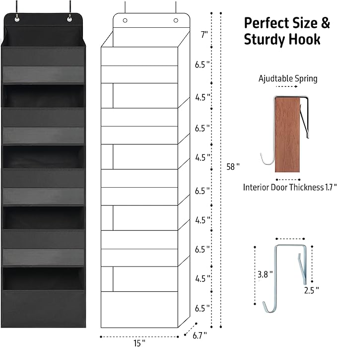 TYMENSH Over Door Organizer with 5 Large Pockets, Heavy Duty Hanging Organizer Storage, Closet Bathroom Nursery Bedroom Dorm,