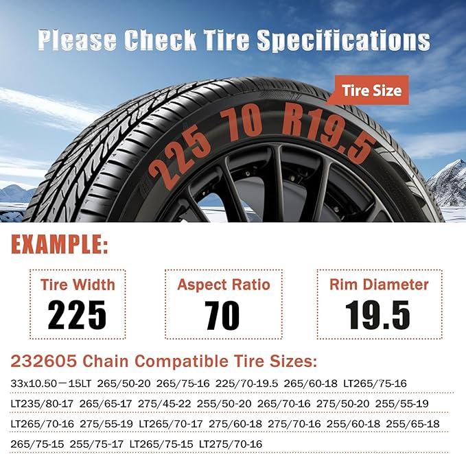232605 Adjustable Snow Tire Chains for Light Truck, SUV, Cars, Pickups, 2 Pack Anti-slip Snow Chains for Pickup Trucks Winter