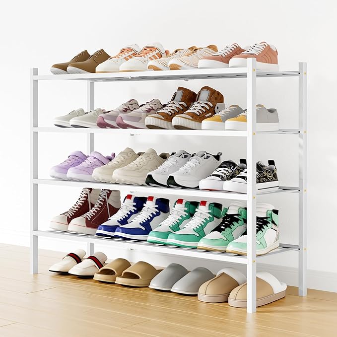 Smiry Shoe Rack, 4 Tier Long Bamboo Shoe Organizer, Stackable Free Standing Wooden Shoe Storage Shelf for Closet, Entryway, F