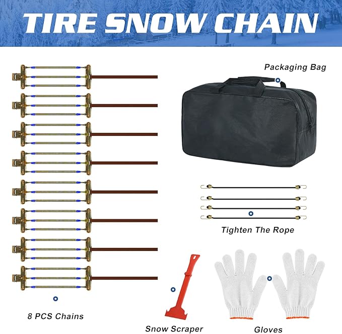 Upgraded Snow Chains 8 Pack, Tire Chains for Passenger Cars, Pickups, and SUVs, Universal Adjustable Emergency Portable Snow 