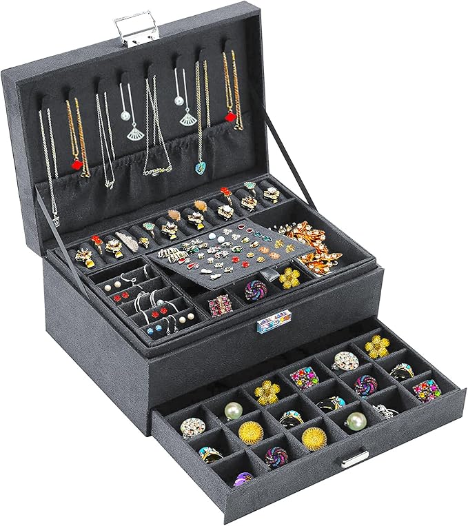 QBestry 3-Layer Jewelry Box for Women with Lock and Key & Drawer, Large Jewelry Organizer with 8 Necklace Hooks & 56 Earring 