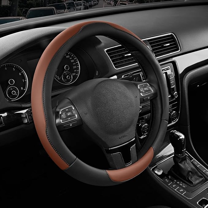Road Comforts Steering Wheel Cover, Breathable Anti-Slip Leather Steering Wheel Cover, Universal Fit 14.5–15 Inch, Comfortabl