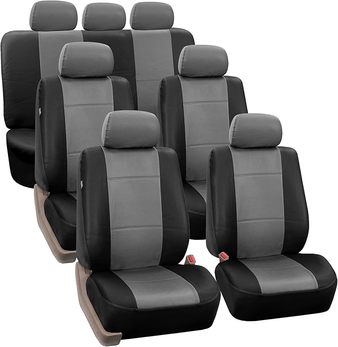 FH Group 3 Row PU Leather 7 Seater Car Seat Covers, Airbag Compatible and Split Bench - Fit Most Car, Truck, SUV, & Van Black