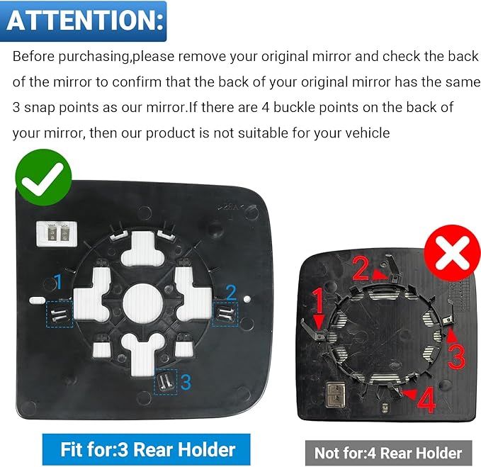 Driver Left Side Mirror Glass Replacement, 3-Tab Backplate ONLY, Compatible with Dodge/Ram 2010-2020 1500 2500 3500 (Not for 4-Tab), Heated Convex Left Side 68067729AA 68067727AA