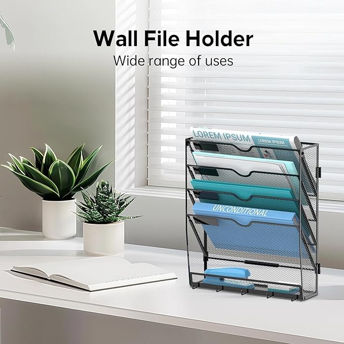 2 Pack 5 Tier Wall File Organizer - Hanging File Organizer with 5 Hooks, Mail Holder Wall Mounted for Papers, Folders, Magazi