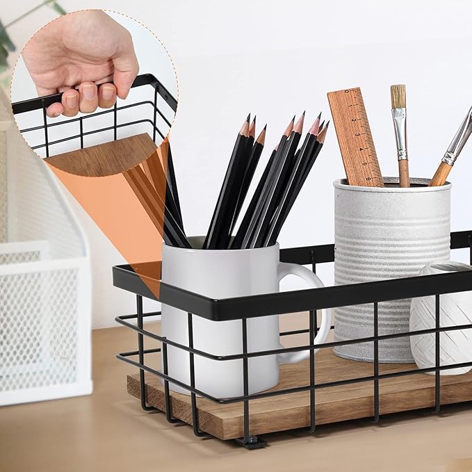 TJ.MOREE Small Metal Wire Basket, Decorative Wood Base Organizer for Bathroom, Kitchen, Basket for Toilet Paper Storage, Suga