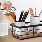 TJ.MOREE Small Metal Wire Basket, Decorative Wood Base Organizer for Bathroom, Kitchen, Basket for Toilet Paper Storage, Suga