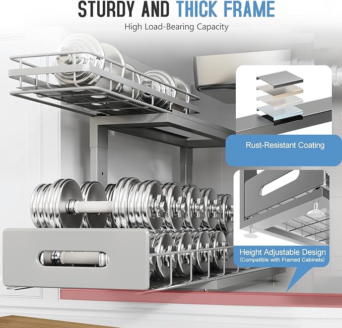 Under Sink Organizer Upgrade To Professional Rails,2-Tier Dual Pull Out Cabinet Storage,Height Adjustable Slide Out Drawers F