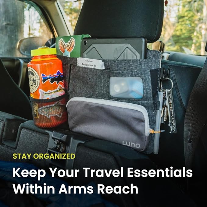 Luno Backseat Car Organizers - Travel Organizer for Road Trip Essentials w/iPad Holder, Snap-On Pouch, Bottle Slot & G-Hooks for Road Trip & Camping - Seat Protector & Organizer Fits All SUVs & Cars
