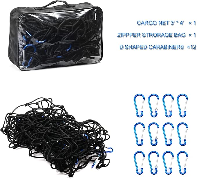Amiss 3' x4' Stretches to 6' x 8' Truck Cargo Net, Roof Rack Cargo Net for Pickup Trucks SUV, Heavy Duty Truck Bed Cargo Bungee Net with 12 Blue Clips and Storage Bag， Car Exterior Accessories