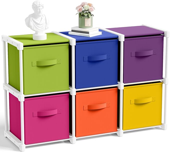 6 Cube Storage Organizer with Shelf Back to School Boxes 11 Inch Toy Storage Bins Closet Organizers Drawers Fabric Dresser fo