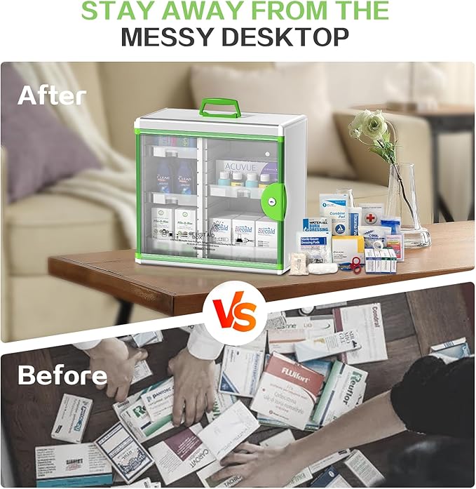 Glosen Medicine Cabinet Locking Medicine Cabinet Wall Mounted【 Green 13.6 x 13.4 x 6.5 Inch 】 Portable Storage Container Big 