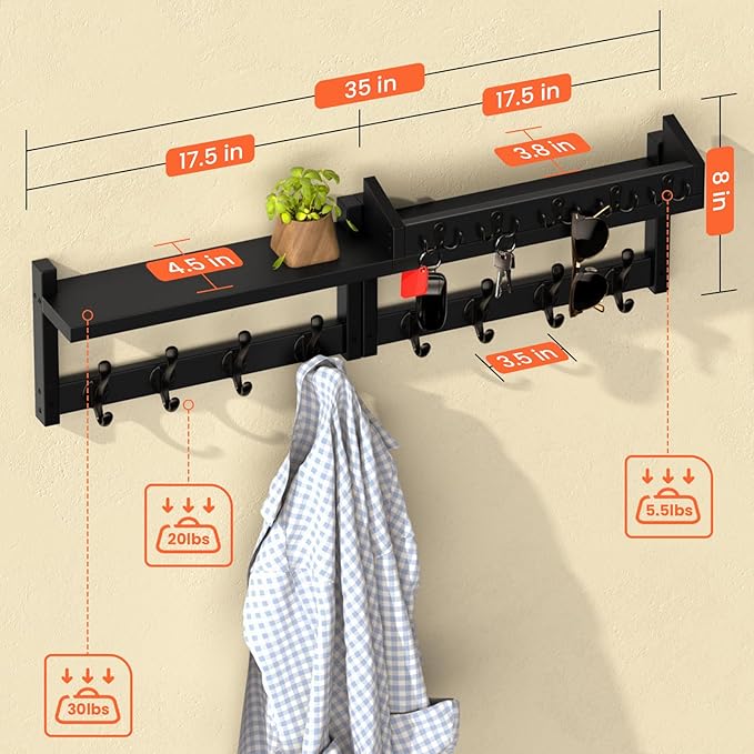 35'' Long Black Coat Rack Wall Mount with Shelf, Solid Wood Coat and Key Hanger with 13 Metal Hooks, Farmhouse Wall Organizer