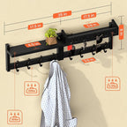 35'' Long Black Coat Rack Wall Mount with Shelf, Solid Wood Coat and Key Hanger with 13 Metal Hooks, Farmhouse Wall Organizer