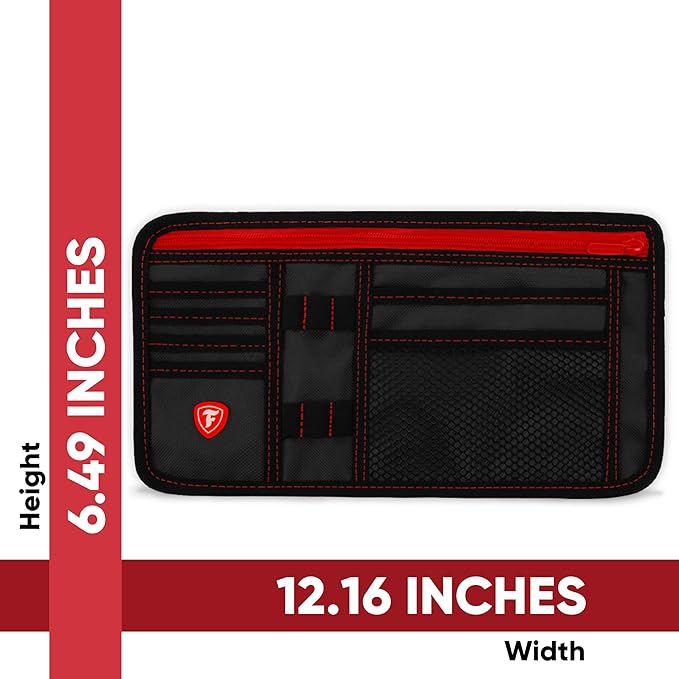 Firestone 2-Pack Car Sun Visor Organizer | 8 Compartment Car & Truck Visor Organizer with Holder & Slots for Sunglasses, License, Registration & More, Black Red