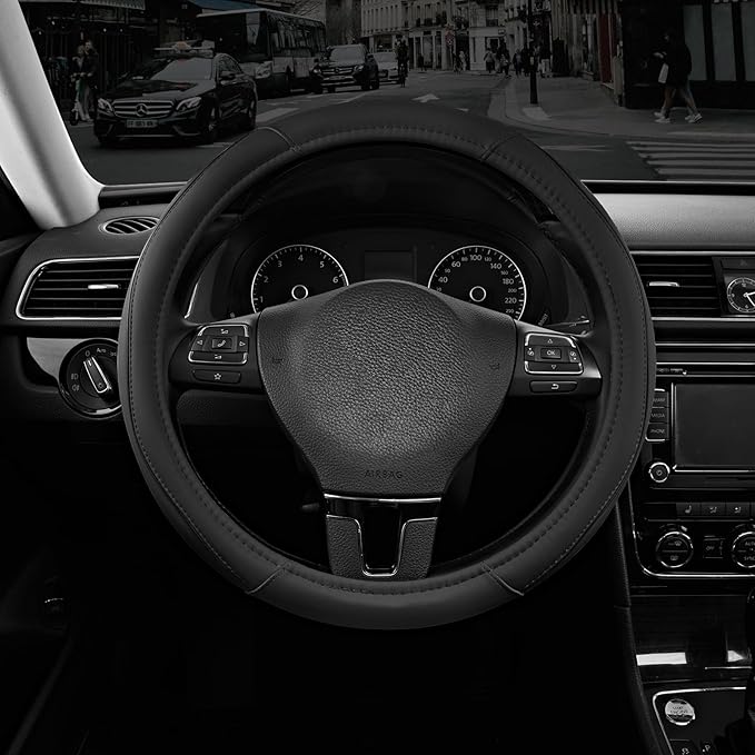 Road Comforts Leather Steering Wheel Cover with Decorative Trim and Piping, Anti-Slip Breathable Design, Fits 14.5–15 Inch Ro