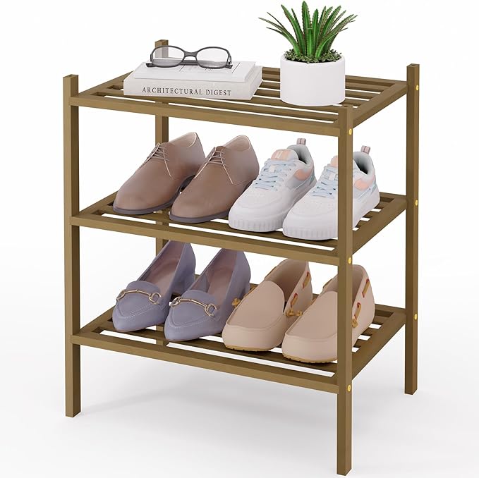 Smiry Small Bamboo Shoe Rack 3-Tier, Stackable Wooden Shoe Organizer for Entryway & Closet, Free Standing Wood Shoe Storage S
