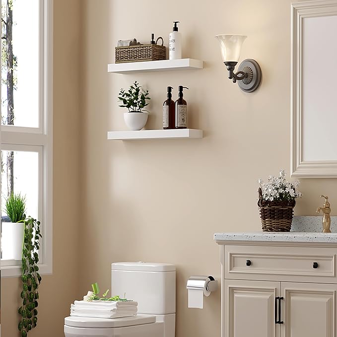 BGMG Wood Floating Shelves 16 inch Set of 2, Rustic Wooden Wall Mount Shelves for Bathroom Living Room Bedroom Kitchen Farmho