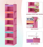 YOUDENOVA 6-Shelf Weekly Hanging Closet Organizer, Weekly Clothes Organizers for Kids with 2 Side Pockets, Pink