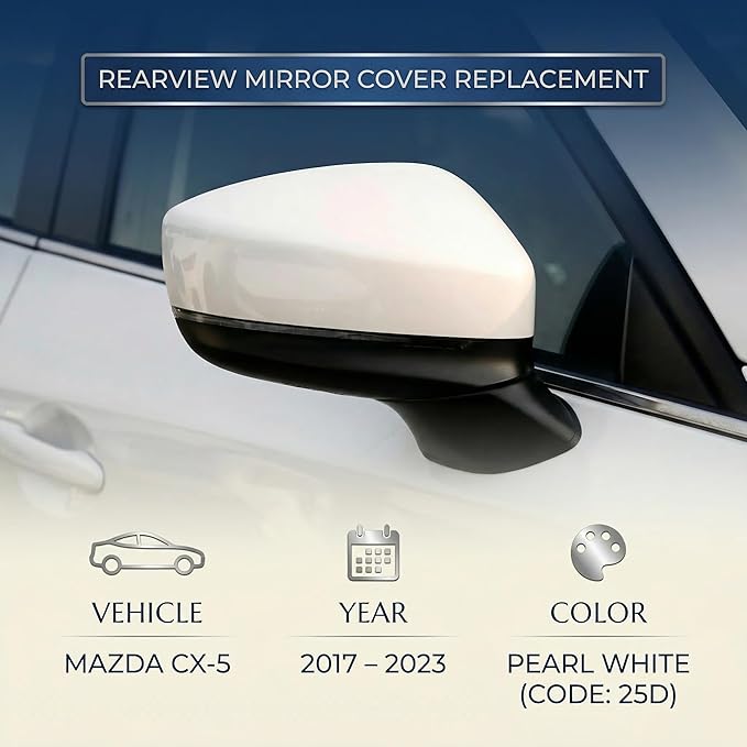 Left Driver Side Mirror Cover Cap Compatible with Mazda CX-5 2017-2023 | Snowflake White Pearl Mica (Code: 25D) - Pearl White | Direct Replacement Door Wing Mirror Housing