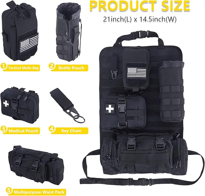 Universal Tactical Car Seat Back Organizer Bag Tactical Molle Vehicle Organizers Panel Vehicle Protector Organizers with 4 Detachable Pouches for Car Truck Ford Jeep Vehicle (Black)