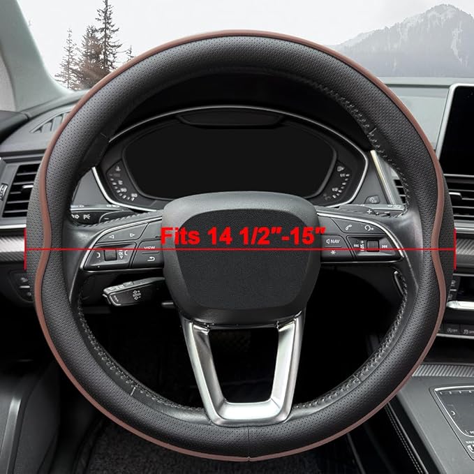 HAOTULE Leather Steering Wheel Cover， with Anti-Slip Stripe Design - Enhanced Grip, Fashion Style, Safe, Non-Slip, Breathable