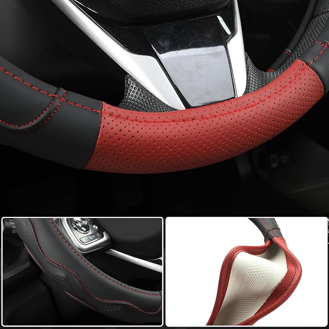 West Llama Car Steering Wheel Cover for Ford F-150, F-250, F-350, Expedition with 3D Texture (Black+Red-Large Size)
