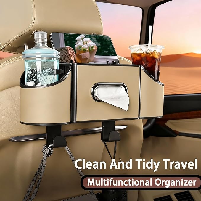 Back Seat Car Organizer,4 in 1 Multifunctional Car Back Seat Storage Box with Drink Cup Holder Tissue Box, for Hold Phone,Snacks, Drinks, Handbag-Meter