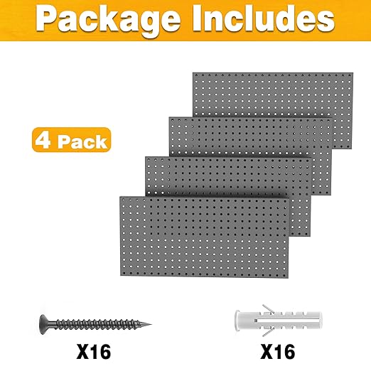 Pegboard Smith Metal Pegboard Panels 12" x 24", 4 Pack Black Wall Mounted Tool Organizer Boards, Heavy Duty Tool Storage Peg 