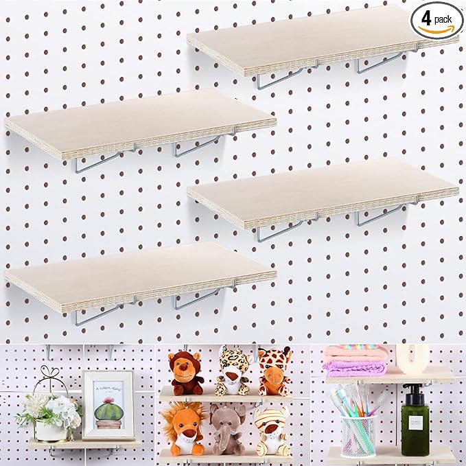 Blulu 4 Set Large Pegboard Shelf Kit Fiberboard peg Board Shelving Storage Brackets Stain Resistant Peg Board Organizer Shelv