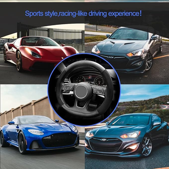 Carodi Suede Carbon Fiber Steering Wheel Cover Car Non-Slip Leather Car Interior Fitting 15-inch Universal（D-Shape,Black ）