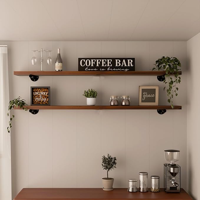 Industrial Pipe Wall Wood Shelves,Real Wooden Shelves 48" in Walnut Color with 1.2" Extra Thickness, Modern Floating Shevles