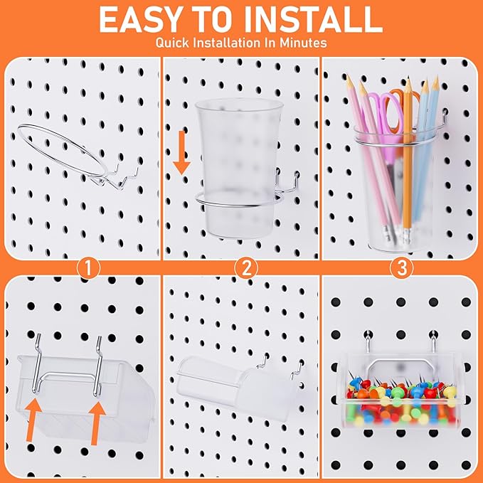 INCLY 90PCS Metal Peg Board Kit with 1/4" Pegboard Accessories, 6 Pack White Peg Board Panels, Bins, Cups and Peg Board Hooks