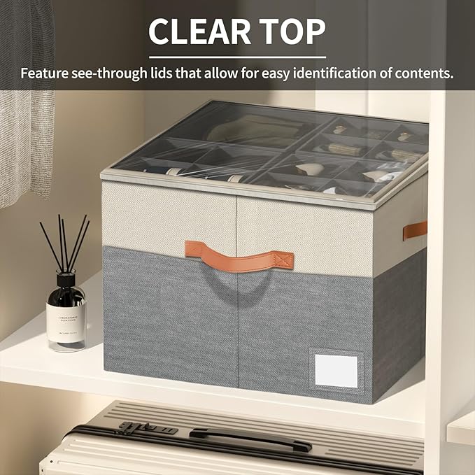 Aokeyee Shoe Organizer for Closet,2 Pack Foldable Shoe Storage Organizer Box Bin with Adjustable Dividers and Clear Cover, Fi