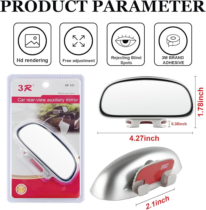LivTee Clip on Blind Spot Mirror, HD Glass Frameless Convex Rear View Mirrors Exterior Accessories with Wide Angle Adjustable Stick for Car SUV and Trucks, Silver