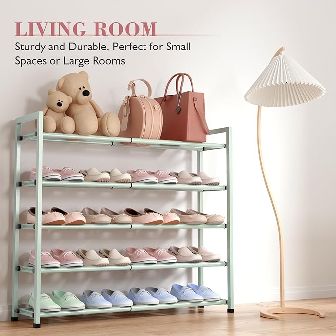 Bumusty 5-Tier Expandable Shoe Rack for Closet, 18“-33” Adjustable Shoe Rack for Small Space, Small Shoe Organizer for Front 