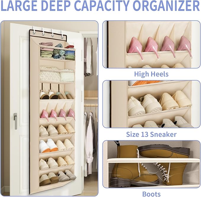 FENTEC 1 Pack Over The Door Shoe Organizer, 68" Exlarge Deep Pockets Hanging Shoe Organizers, 8-Tier Shoe Rack for Closet, Sh