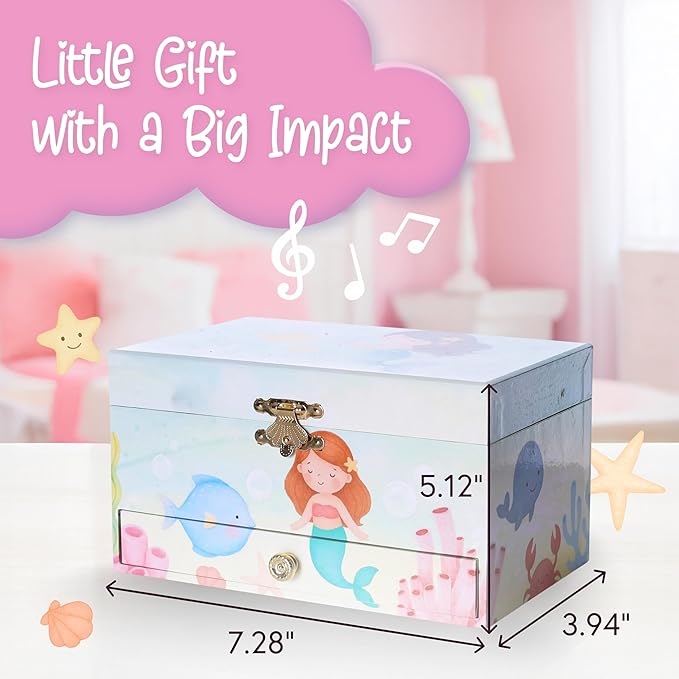 The Memory Building Co Mermaid Musical Jewelry Box Plays Classic Melody, Storage Organizer Music Box for Kids Ages 6-12, MDF 