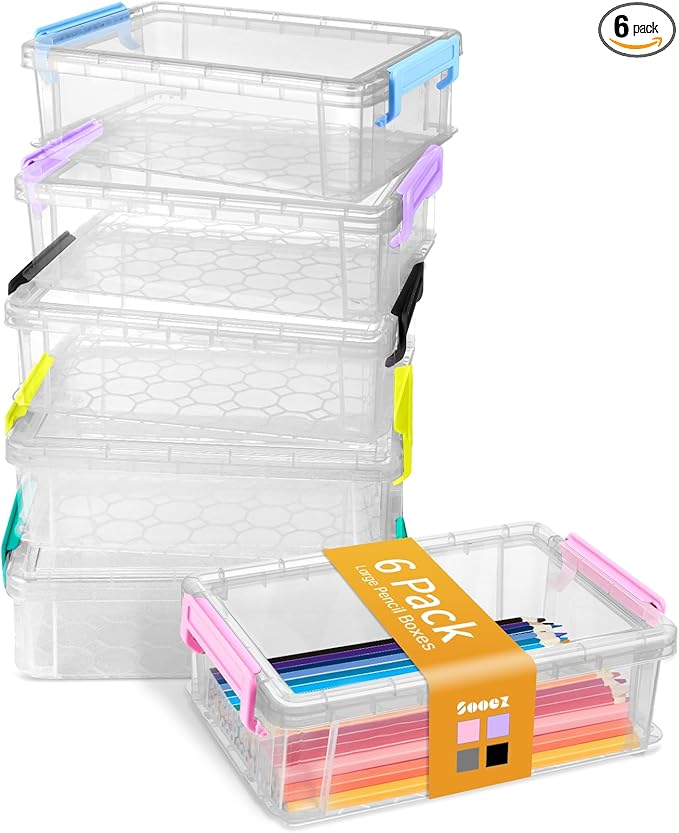 Sooez 6 Pack Extra Large Pencil Box, Plastic Hard Pencil Case Crayon Box Bulk, Clear Marker Organizer Plastic Containers with