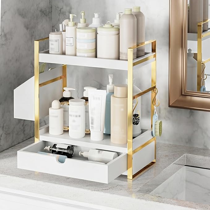 2-Tier Bathroom Counter Organizer with Drawer and Basket, Wood Countertop Organizer for Storage, Skincare Organizers for Vani