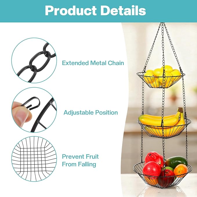 3 Tier Hanging Fruit Basket with Banana Hook, 34-Inch Heavy-Duty Wire Hanging Basket, Wire Vegetable Produce Organizer with I