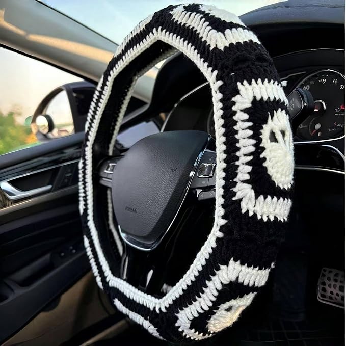 Crochet Steering Wheel Cover,Handmade Rock and Roll Skull Steering Wheel Cover, Skull Wheel Covers Cool Girl & Men, Skeleton Wheel Covers 14-15 in (A Wheel Cover)